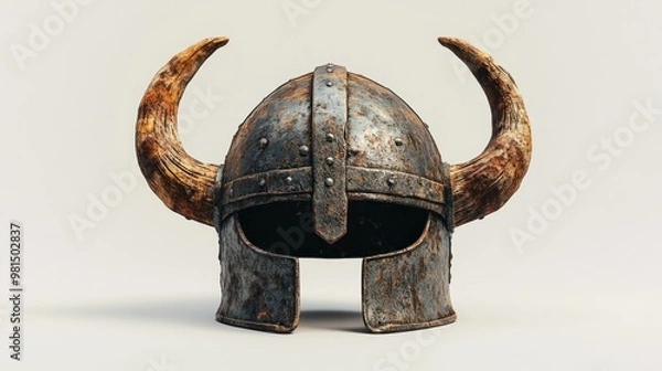 Fototapeta An isolated Viking helmet with a horned design, showing signs of age and battle wear, displayed against a simple, neutral background