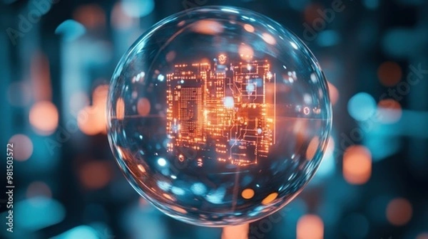 Obraz transparent scientific object with embedded microchips and circuits, suspended in mid-air, with soft reflections and a sterile, futuristic backdrop
