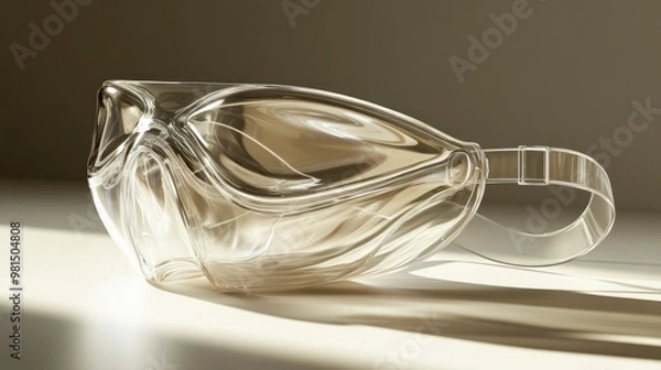 Fototapeta Transparent medical mask with clear straps, laid flat on a clean surface, highlighting its design and the fine mesh of the material