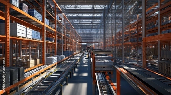 Fototapeta A sophisticated warehouse equipped with automated shelving and sorting systems, illustrating advanced management and the seamless integration of technology in logistics.