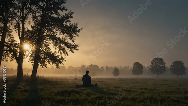 Fototapeta Person sitting in a misty field at dawn, reflecting solitude.