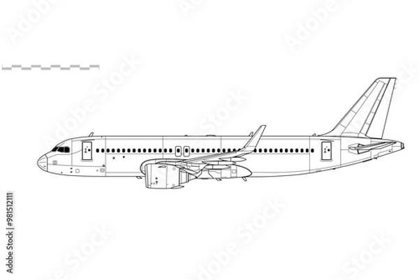 Obraz Airbus A320 NEO. Vector drawing of narrow body passenger jet airliner. Side view. Image for illustration and infographics.