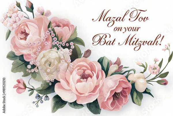 Obraz Floral "Mazal Tov on Your Bat Mitzvah" Greeting with Pink Roses, soft and delicate design