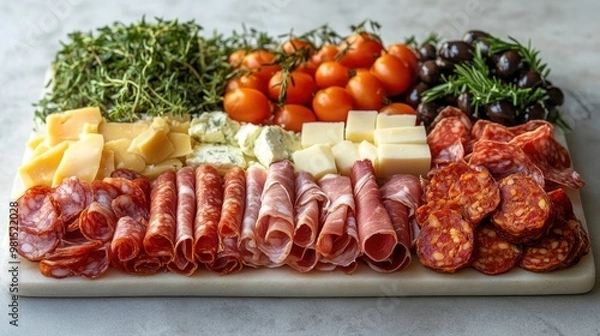 Fototapeta Assorted cured Spanish meats like chorizo, Prosciutto and chorizo rolls filled with gouda and Iberico cheese.