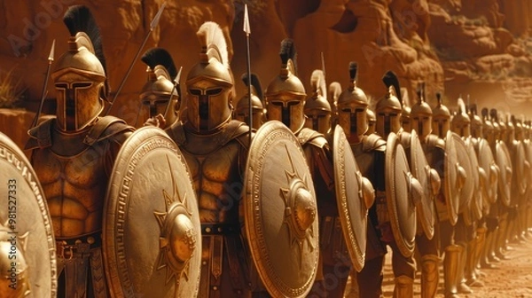 Obraz Ancient Greek armies prepare for battle in a desert landscape under a clear sky
