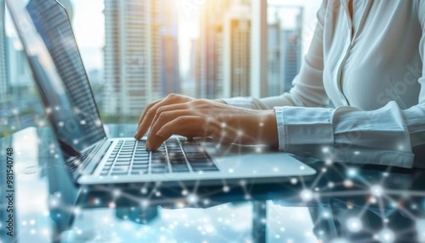 Obraz Urban rooftop cafe  person working on laptop with cityscape view, blank space for text