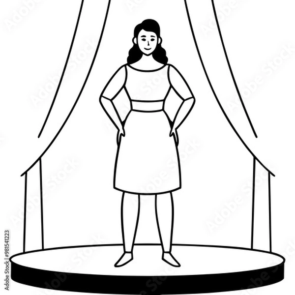 Fototapeta A woman stands on a stage in front of a curtain. She is dressed in a white dress and is smiling. The scene is set in a theater, and the woman is likely a performer. Scene is lighthearted and cheerful