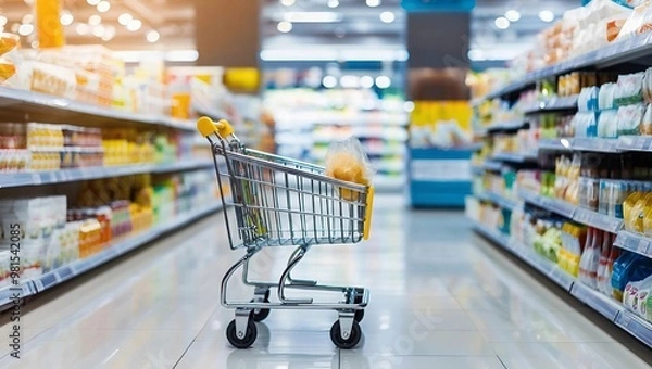 Fototapeta Shopping cart in front of social media icons, representing e-commerce and online shopping engagement, Generative AI.	
