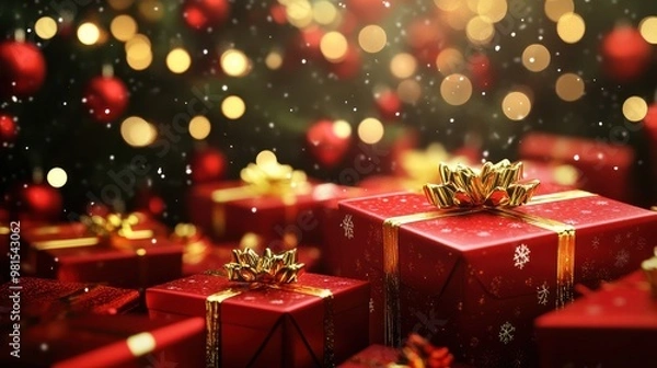 Fototapeta Christmas xmas or celebration holiday festive greeting card - Closeup of many different red presents gift boxes with gold ribbon, background with bokeh lights and christmas tree (Generative Ai)