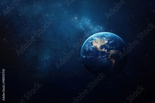 Fototapeta Nocturnal globe set against the mysterious universe: humanity. Visualization highlights