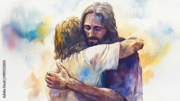 Fototapeta watercolor painting of Jesus embracing a person in need	