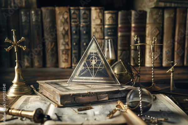 Obraz A bookcase with a masonic pyramid on top of it