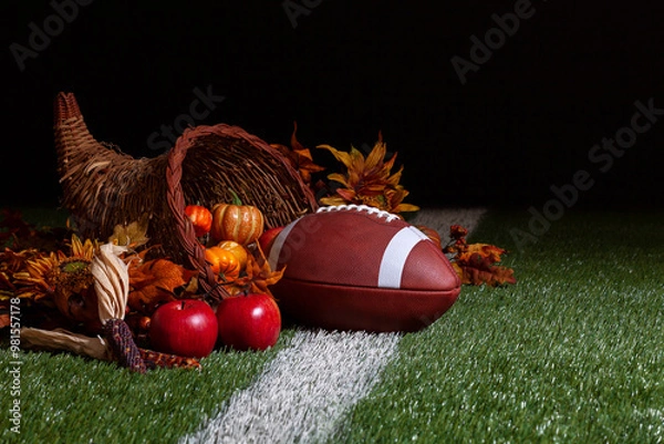 Obraz A cornucopia with a football on a grass field with stripe and dark background