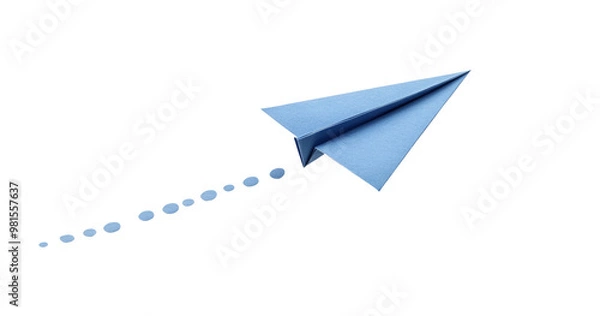 Fototapeta Origami Blue Paper Airplane with Dotted Flight Path in Transparent Background