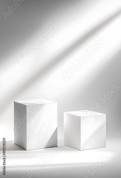 Fototapeta Three minimalist white blocks in sunlight with dramatic shadows