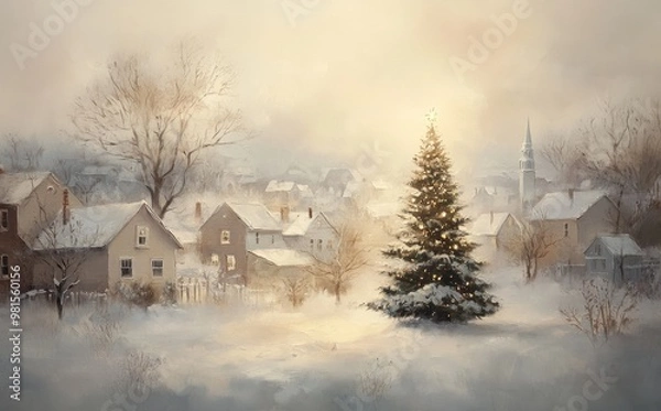 Fototapeta Christmas Tree in a Misty Winter Village: Snow-Capped Homes and a Serene, Festive Cold Morning