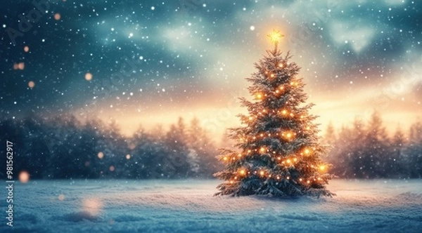 Fototapeta Christmas Tree Illuminated in a Frosty December Scene: Snowing, Icy Landscape with Frozen Nature 