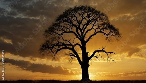 Fototapeta Solitary tree silhouette against a dramatic yellow sky, symbolizing strength.