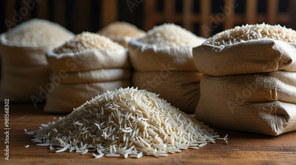 Fototapeta Piles of jasmine rice and raw rice grains in bulk
