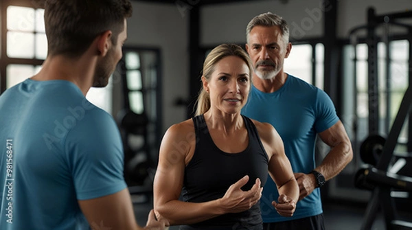 Fototapeta Gym trainer assisting mature woman with injury recovery through personalized fitness coaching
