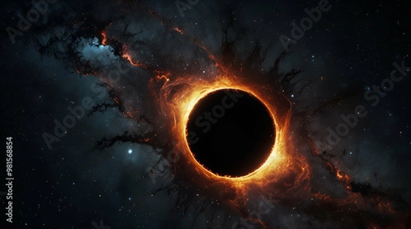 Obraz Cosmic scene with a central black hole surrounded by a luminous accretion disk, emitting intense light and power
