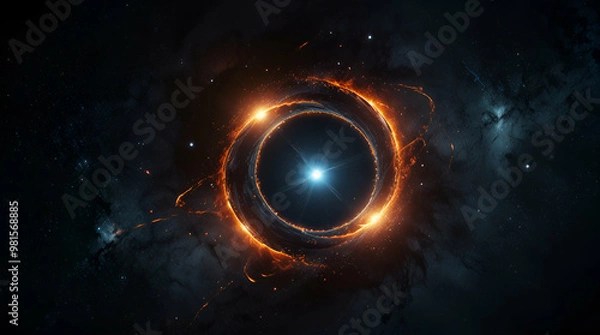 Obraz Cosmic scene with a central black hole surrounded by a luminous accretion disk, emitting intense light and power
