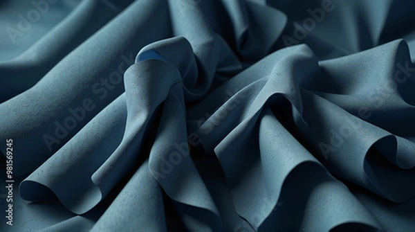 Obraz 3D Render, abstract background with folded textile ruffle, blue cloth macro, wavy fashion wallpaper
