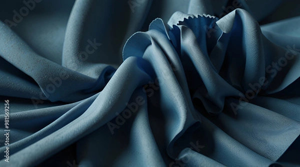 Obraz 3D Render, abstract background with folded textile ruffle, blue cloth macro, wavy fashion wallpaper
