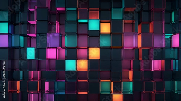 Obraz Abstract 3D background: glossy purple and green cubes wall
