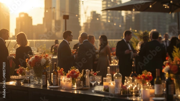 Fototapeta A romantic outdoor roof top dining setting as the sun sets, with guests enjoying the ambiance of warm candlelight and city views. Birthday, corporate party celebration.