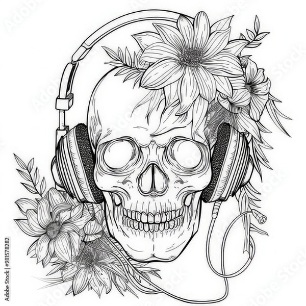 Obraz https: page, use bold of lines, the skull with headphones is coloring page, in the style of flower and nature motifs, elegant inking techniques