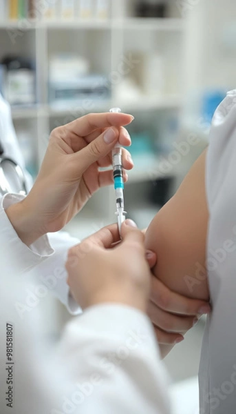 Fototapeta A healthcare professional administering a syringe vaccine to a patient, highlighting the vaccination injection, particularly against COVID-19, ensuring immunity and protection from the pandemic