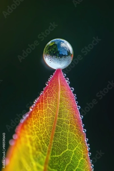 Fototapeta A close-up of a water droplet perched atop a vibrant autumn leaf with intricate details illuminated by soft light