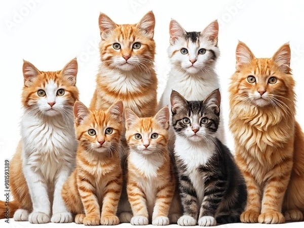 Fototapeta A group of playful and curious cats gathered together in a bright studio setting showcasing their vibrant fur and unique personalities