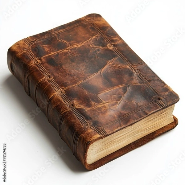 Fototapeta This image showcases an old, leather-bound book featuring a beautifully distressed and textured cover, reflecting its historical and timeless charm perfect for antique enthusiasts.
