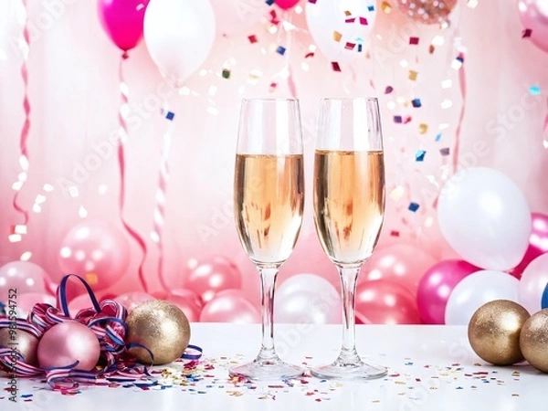 Fototapeta Celebratory toast with two sparkling glasses amid colorful balloons and confetti during a festive occasion