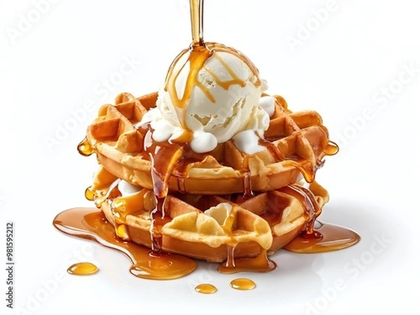 Fototapeta Delicious stack of waffles topped with vanilla ice cream and drizzled with syrup on a white background
