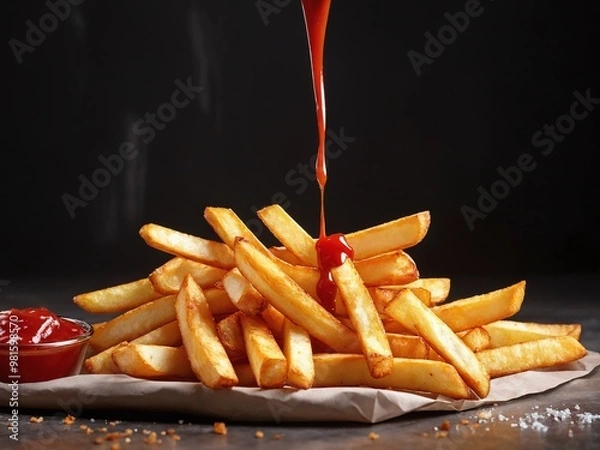 Fototapeta A fresh serving of crispy French fries being drizzled with ketchup on a dark wooden table in a cozy diner setting