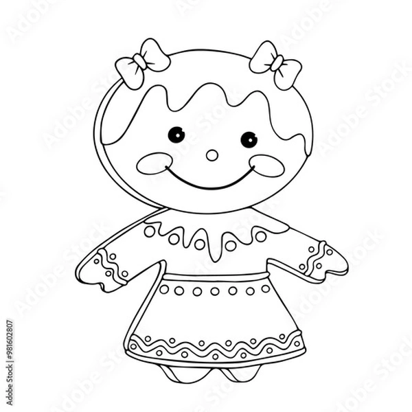 Fototapeta Line sketch, coloring Christmas baking, gingerbread man. Vector graphics.