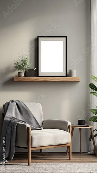 Obraz Minimalist, cozy living room corner with modern wooden furniture, armchair, potted plant and decorative empty transparent frame highlighting a calm and neutral-toned interior 