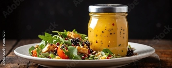 Fototapeta Fresh garden salad served with a vibrant mustard dressing in a glass jar on a rustic wooden table