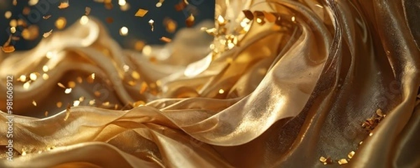 Fototapeta Golden silk fabric gracefully flowing in the light with scattered golden confetti during a celebratory event