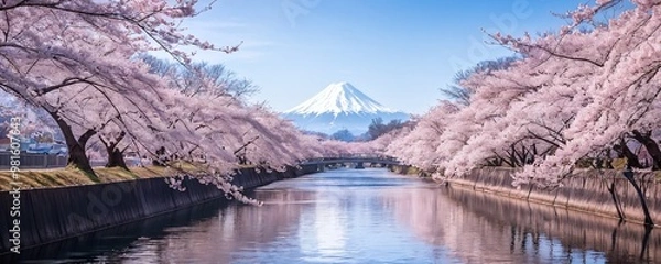 Fototapeta Cherry blossom trees lining a tranquil river with Mount Fuji in the background during springtime in Japan