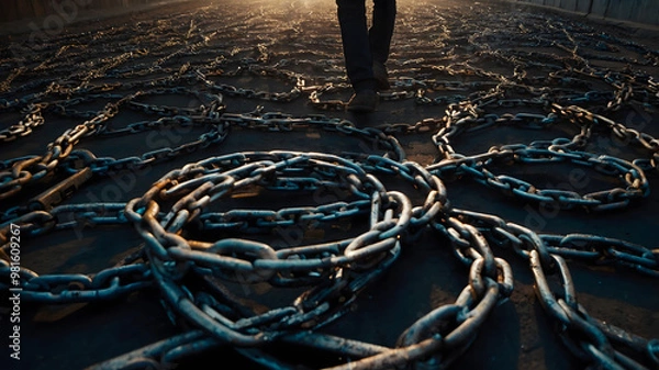 Fototapeta Person Walking Among Chains in a Symbolic Image