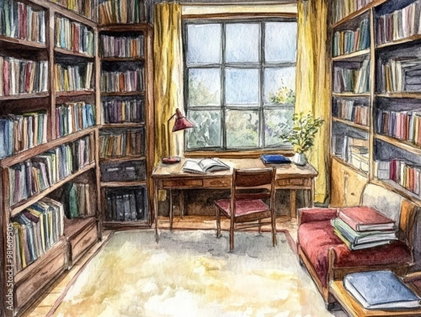 Fototapeta A cozy library with bookshelves, a desk and a window.