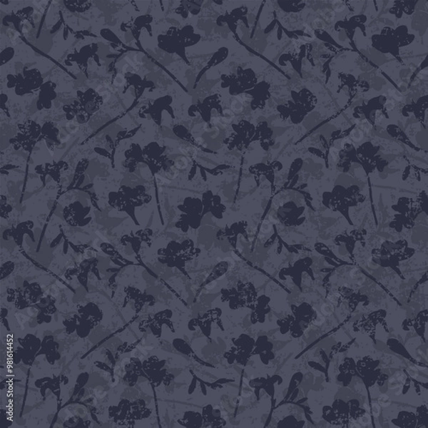 Fototapeta Monochrome vintage abstract floral seamless vector pattern with grunge effect. Loosely scattered fading floral silhouettes in dark purple for wallpaper, curtains, upholstery and fashion fabrics.