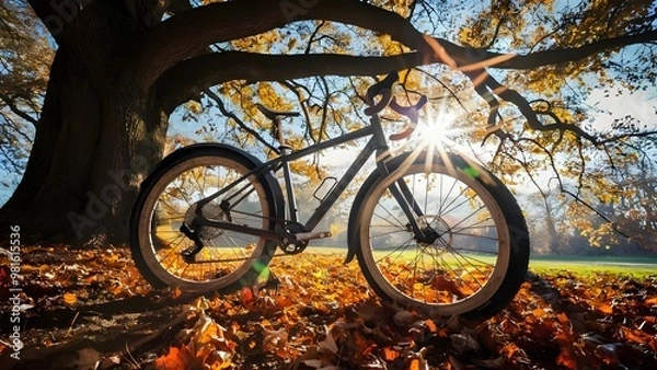 Fototapeta Bicycle under an oak tree covered in fallen autumn leaves with sunlight streaming through branches