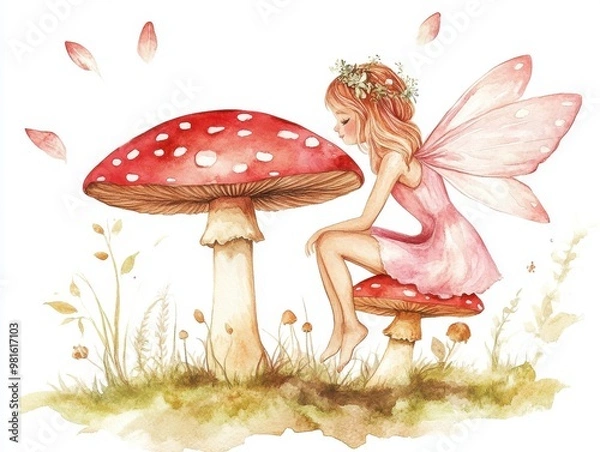 Fototapeta Fairy sitting on mushroom in a forest.