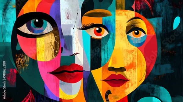Fototapeta Abstract faces collage with expressionism and cubism style as background, wallpaper, or art print. generative ai. Expressionism. Illustration