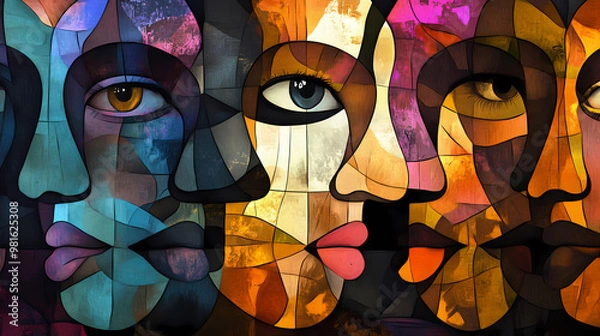 Fototapeta Abstract faces collage with expressionism and cubism style as background, wallpaper, or art print. generative ai. Expressionism. Illustration